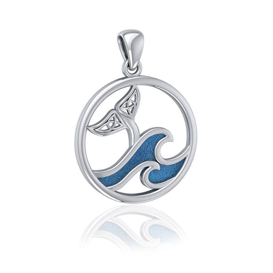 Sterling Silver Round Celtic Whale Tail Pendant with Enamel Wave TPD5185