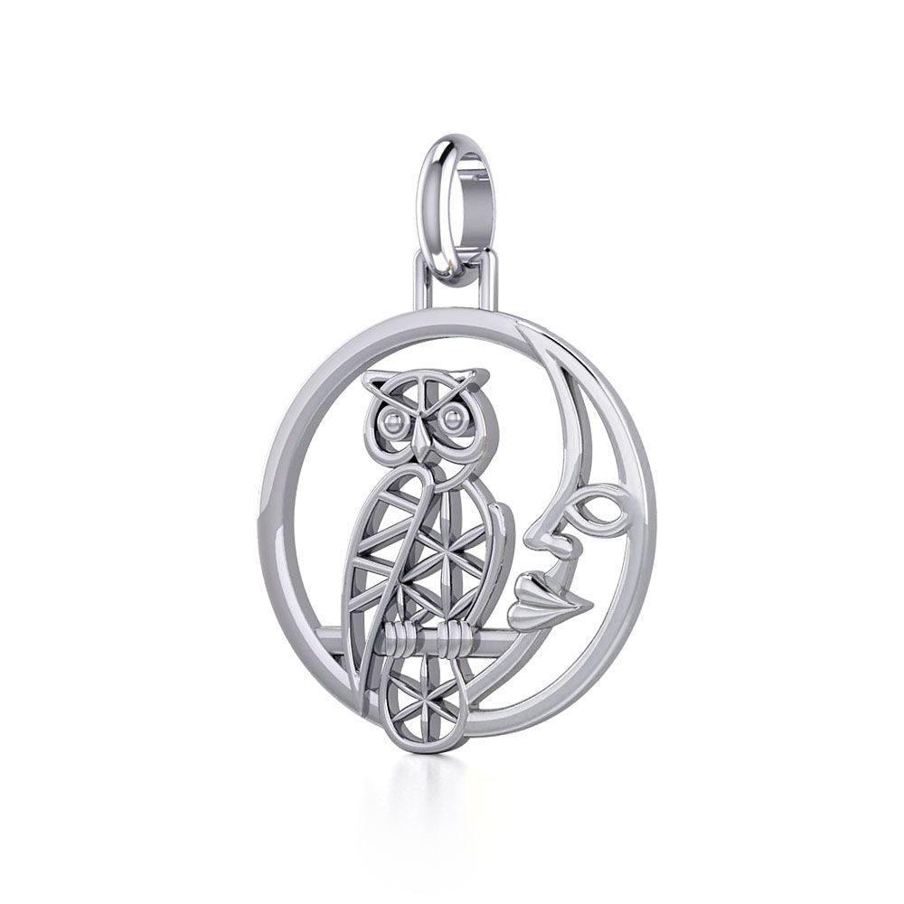Silver Flower of Life Owl on The Moon Pendant TPD5300