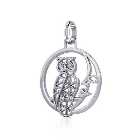Silver Flower of Life Owl on The Moon Pendant TPD5300