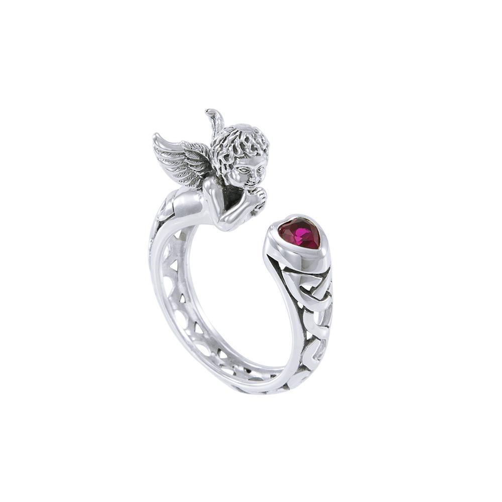 Sterling Silver Celtic Cupid Ring with Gemstone Created Ruby TRI1635