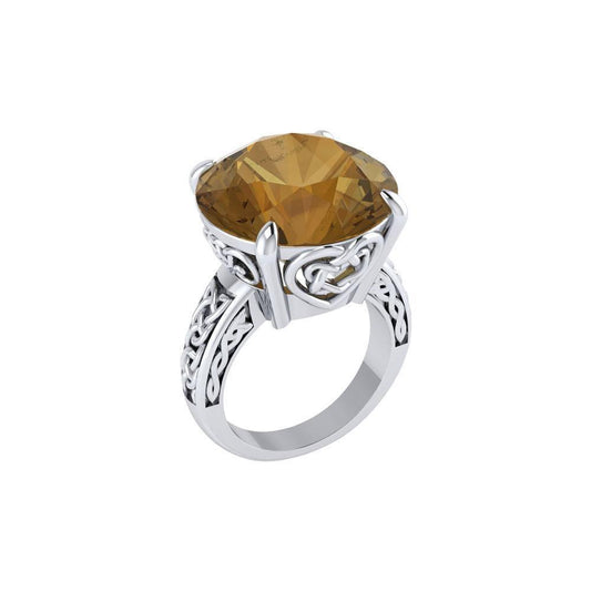 Love is full of surprises ~ Celtic Knotwork Heart Sterling Silver Cocktail Ring with Large Gemstone TRI1698 - Smoky Quartz