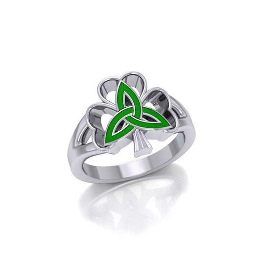 Enamel Trinity Knot on Shamrock Clover Silver Ring TRI1752