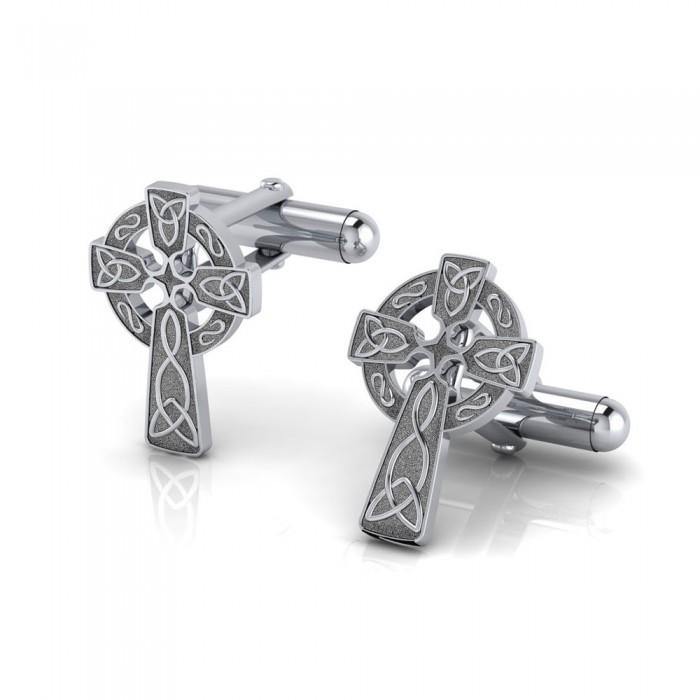Celtic Cross with Celtic Knotwork Silver Cufflinks CL043