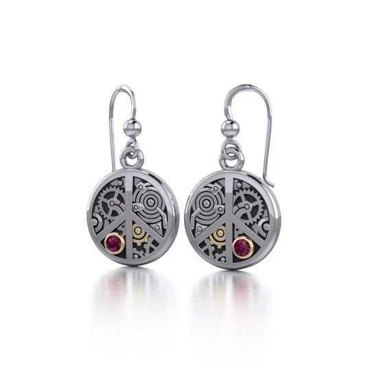 Peace Sign Steampunk Silver and Gold Accent Earrings MER1373 Earrings