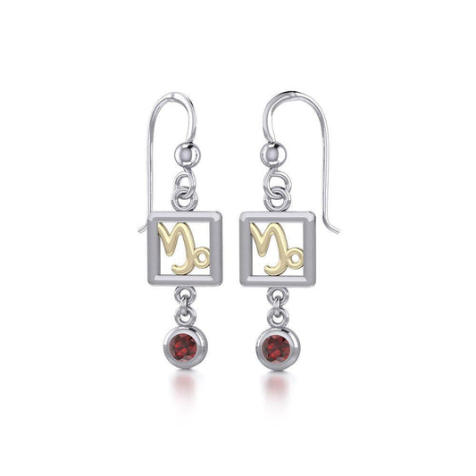 Capricorn Zodiac Sign Silver and Gold Earrings Jewelry with Garnet MER1766 - Peter Stone Wholesale