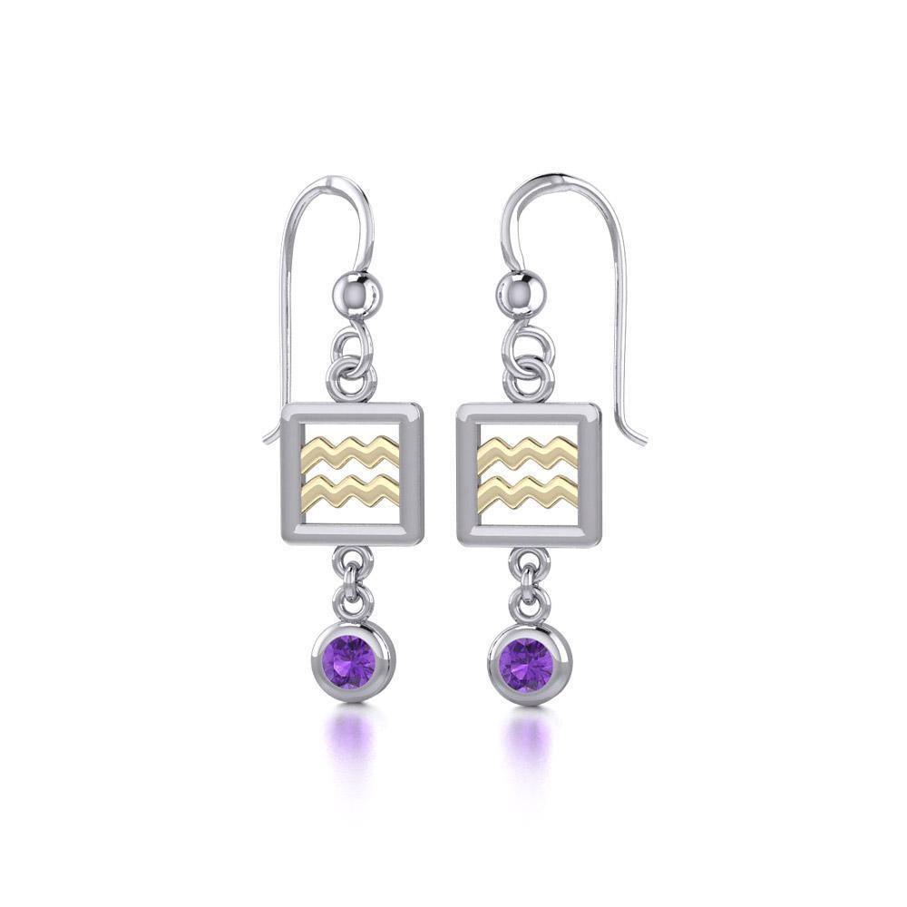 Aquarius Zodiac Sign Silver and Gold Earrings Jewelry with Amethyst MER1767 - Peter Stone Wholesale
