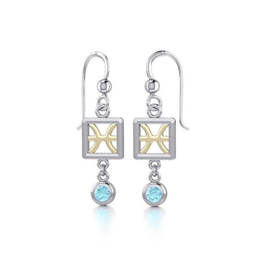 Pisces Zodiac Sign Silver and Gold Earrings Jewelry with Aquamarine MER1768 - Peter Stone Wholesale