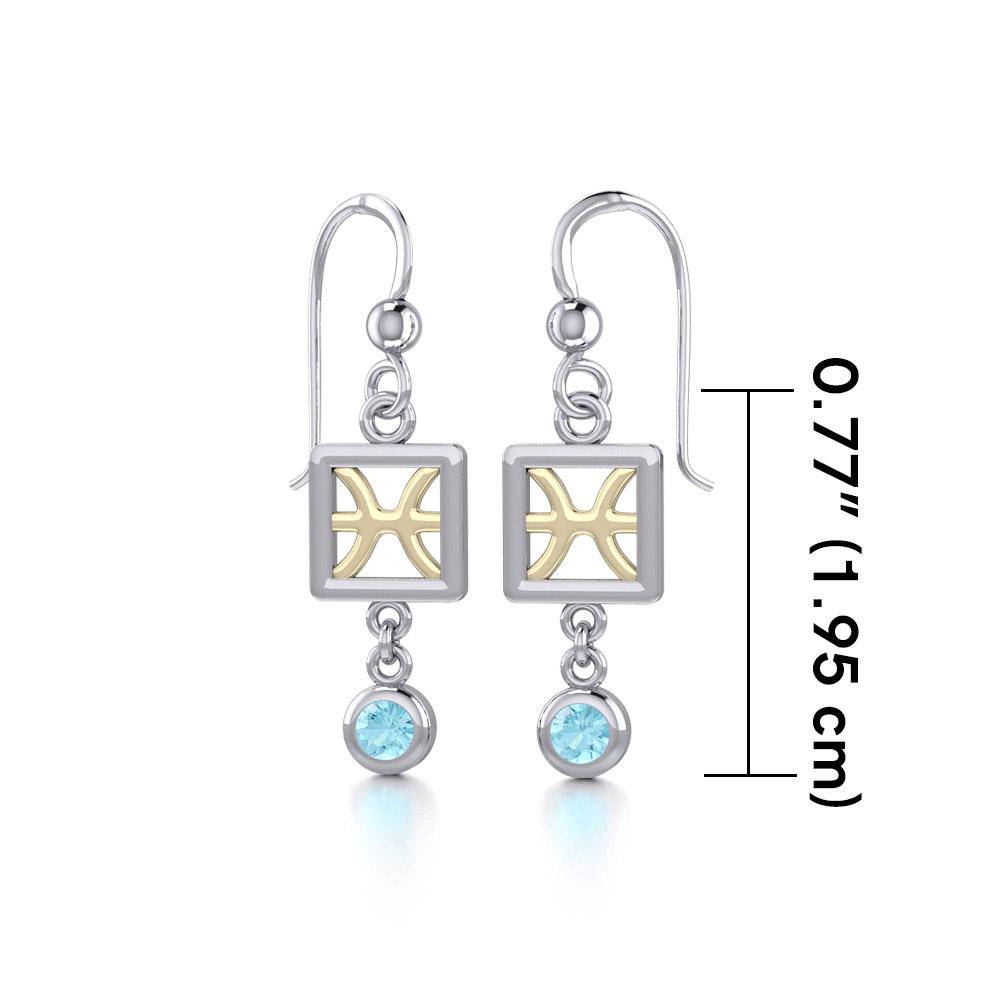 Pisces Zodiac Sign Silver and Gold Earrings Jewelry with Aquamarine MER1768 - Peter Stone Wholesale