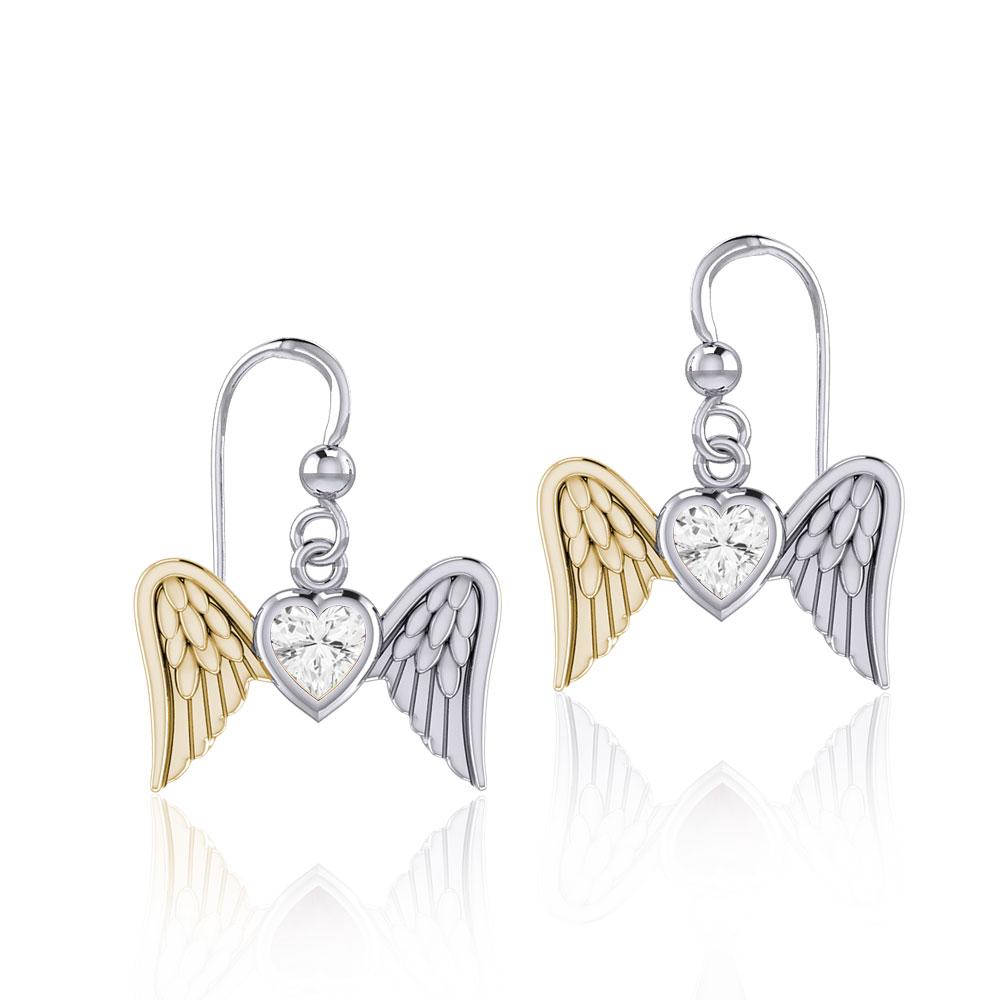 Gemstone Heart and Flying Angel Wings Silver and Gold Earrings MER1782 - Peter Stone Wholesale