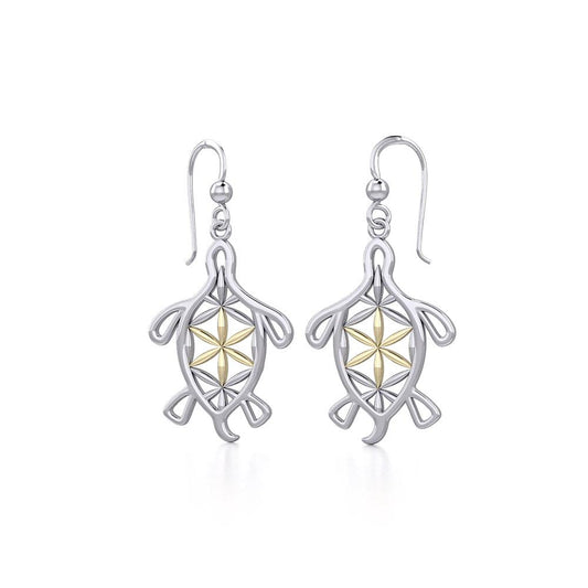 Turtle with Flower of Life Shell Silver and Gold Earrings MER1784 - Peter Stone Wholesale