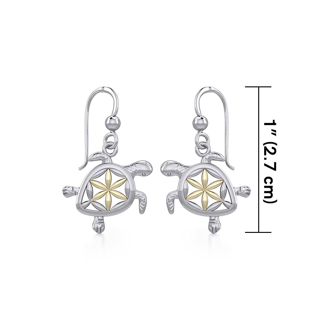 Swimming Turtle with Flower of Life Shell Silver and Gold Earrings MER1786 - Peter Stone Wholesale
