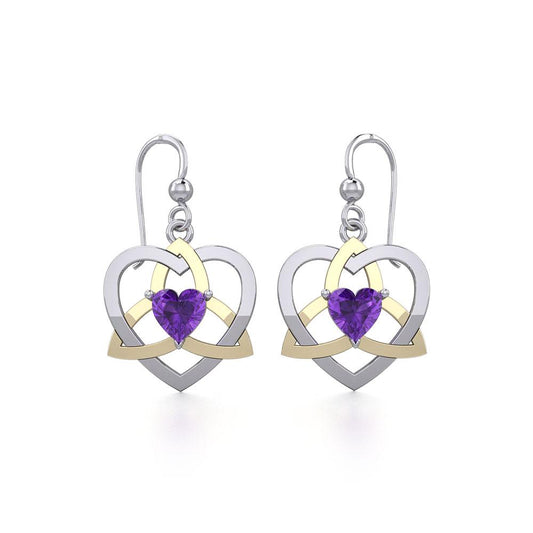 The Celtic Trinity Heart Silver and Gold Earrings with Gemstone MER1788 - Peter Stone Wholesale