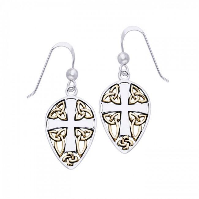Celtic Knot Cross Shield Gold Accent Silver Earrings MER471