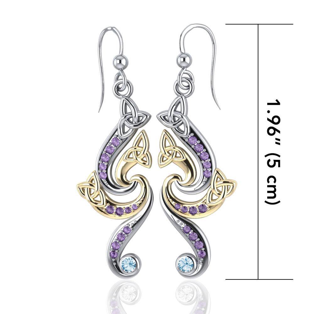 A dazzling eternity ~ Sterling Silver Celtic Triquetra Dangle Earrings with 14k Gold Accent and Gemstone MER569 Earrings