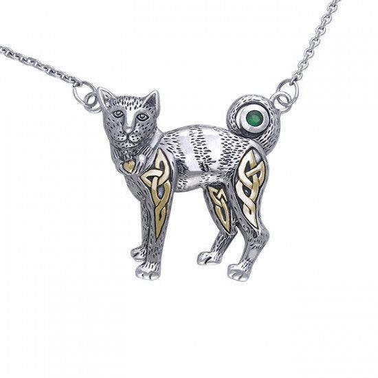 Celtic Cat Silver and Gold Accent Necklace MNC047 - peterstone.dropshipping