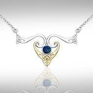 The elegance of Celtic Heritage ~ Sterling Silver Celtic Triquetra Necklace Jewelry with 14k Gold accent and Gemstone MNC162 Necklace