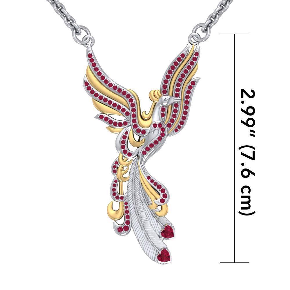 Mythical Phoenix arise! ~ Sterling Silver Jewelry Necklace with 14k Gold and Gemstone Accents Necklace