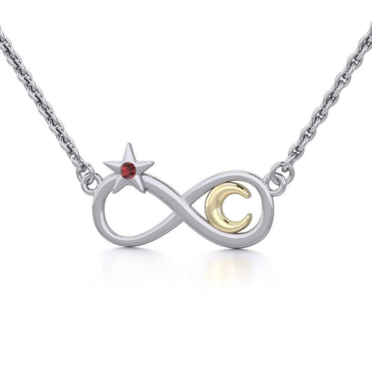 Infinity Moon and Star Silver and Gold Necklace with Gemstone MNC486 - Peter Stone Wholesale