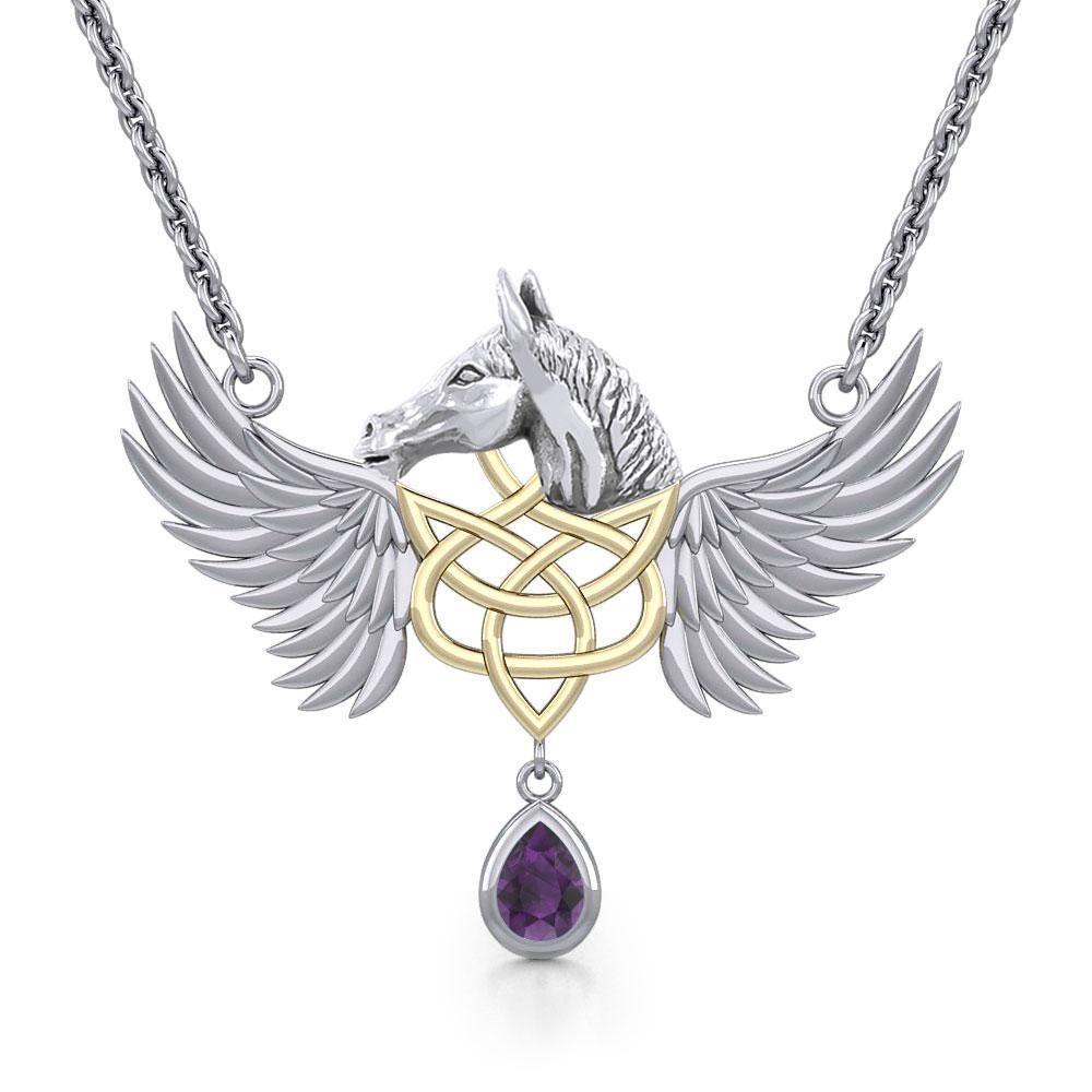 Celtic Pegasus Horse with Wing Silver and Gold Necklace MNC540 - Wholesale Jewelry