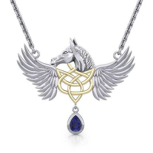 Celtic Pegasus Horse with Wing Silver and Gold Necklace MNC540 - Wholesale Jewelry