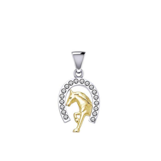 Horseshoe and Running Horse with Gems Silver and Gold Pendant MPD5761 - Wholesale Jewelry