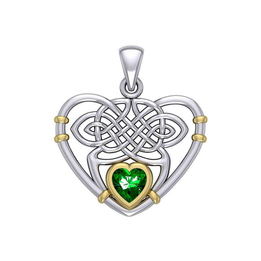 A never-ending weave of eternity in love ~ Celtic Knotwork Heart Sterling Silver Pendant with 14k Gold Accent and Gemstone MPD4665 - peterstone.dropshipping
