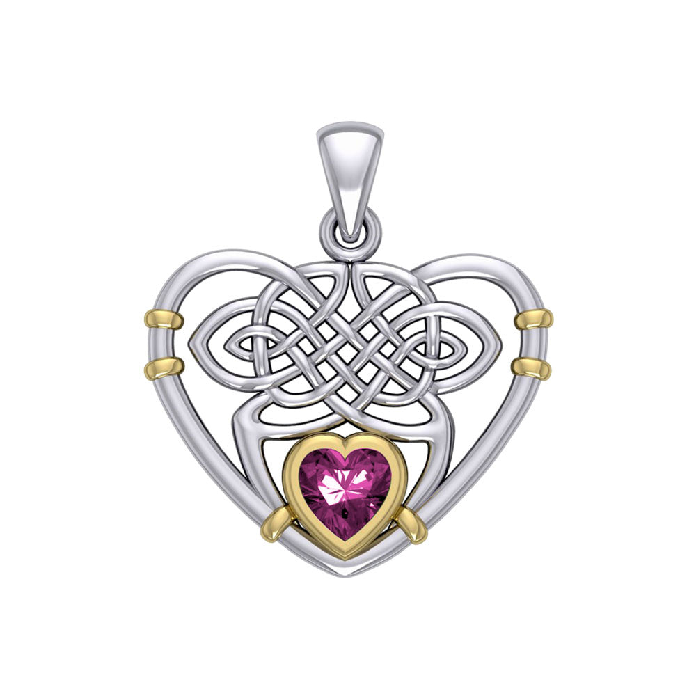 A never-ending weave of eternity in love ~ Celtic Knotwork Heart Sterling Silver Pendant with 14k Gold Accent and Gemstone MPD4665