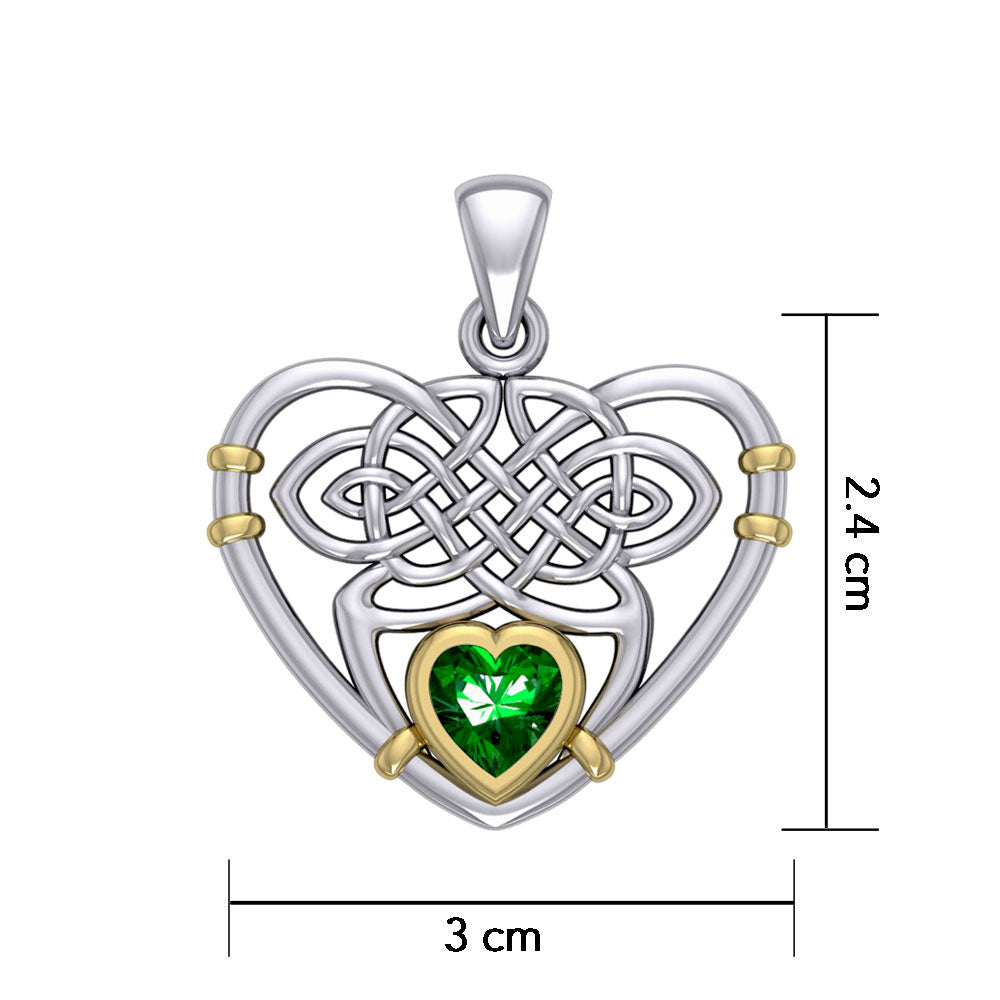 A never-ending weave of eternity in love ~ Celtic Knotwork Heart Sterling Silver Pendant with 14k Gold Accent and Gemstone MPD4665