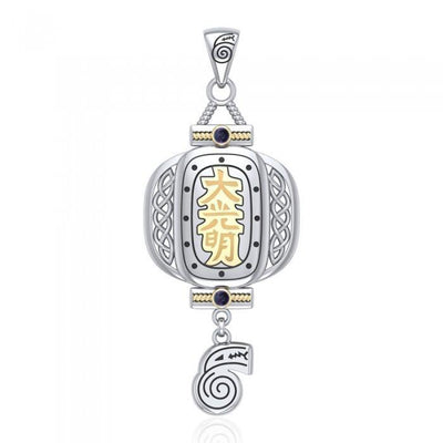 The Reiki Japanese Lantern and Dangling Dai Ko Myo Symbol Silver and Gold Pendant with Gemstone
