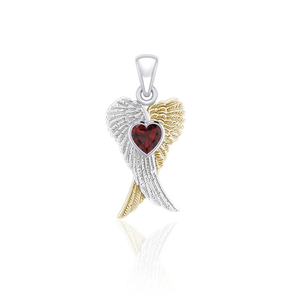 Heart Gemstone and Double Angel Wings Silver and 14K Gold Plate Pendant MPD5229 - Peter Stone Wholesale