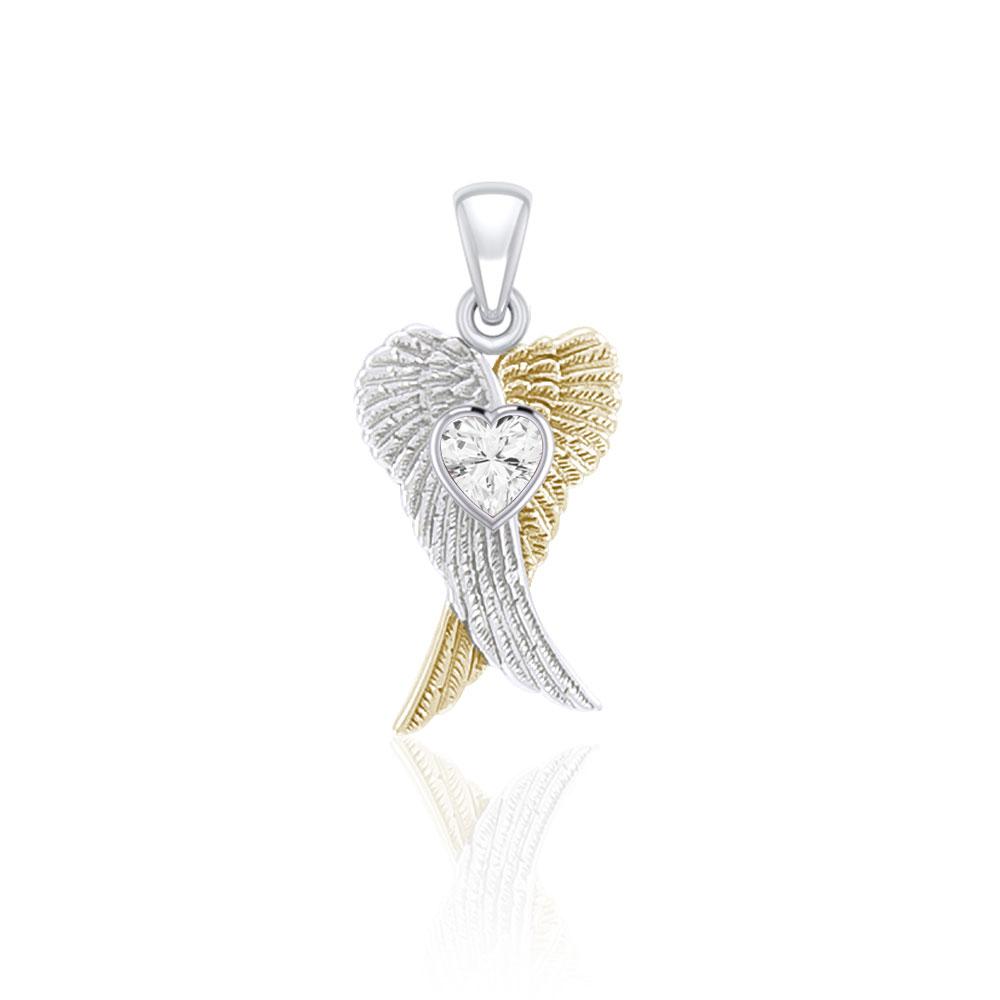 Heart Gemstone and Double Angel Wings Silver and 14K Gold Plate Pendant MPD5229 - Peter Stone Wholesale