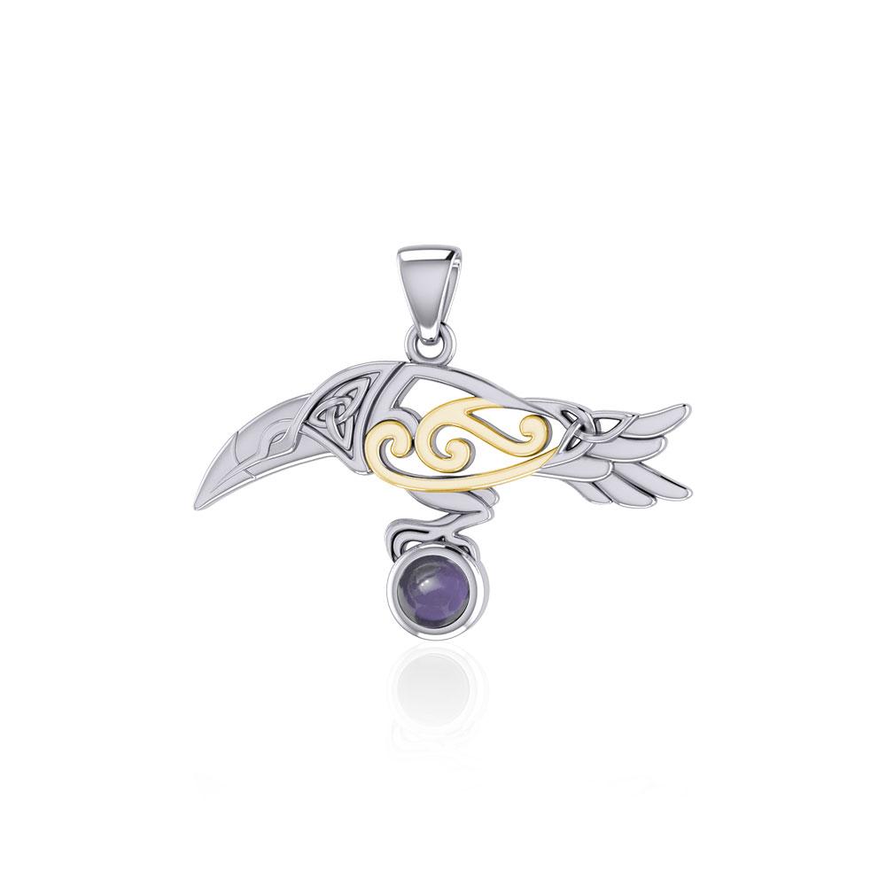Celtic Spirit Raven with Gemstone Silver and Gold Pendant MPD5252 - Peter Stone Wholesale