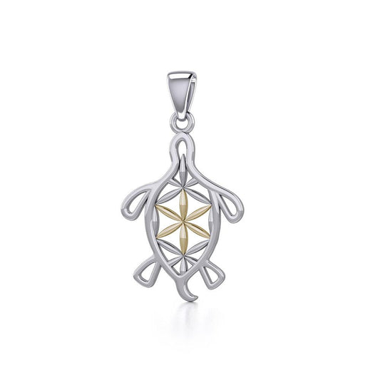 Turtle with Flower of Life Shell Silver and Gold Pendant MPD5271 - Peter Stone Wholesale