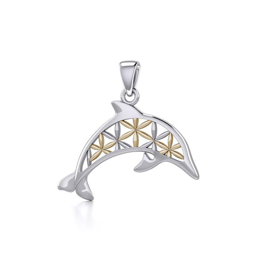 Swimming Dolphin with Flower of Life Silver and Gold Pendant MPD5272 - Peter Stone Wholesale