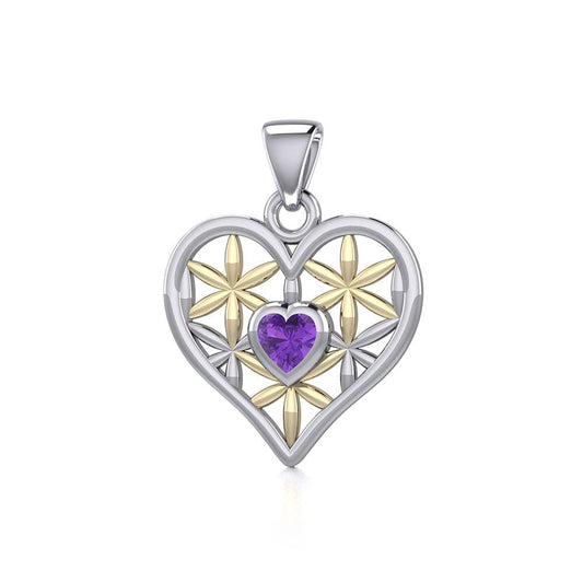Silver and Gold Geometric Heart Flower of Life Pendant with Gemstone MPD5282 - Peter Stone Wholesale