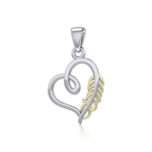 Silver and Gold Heart with Feather Pendant MPD5288 - Peter Stone Wholesale