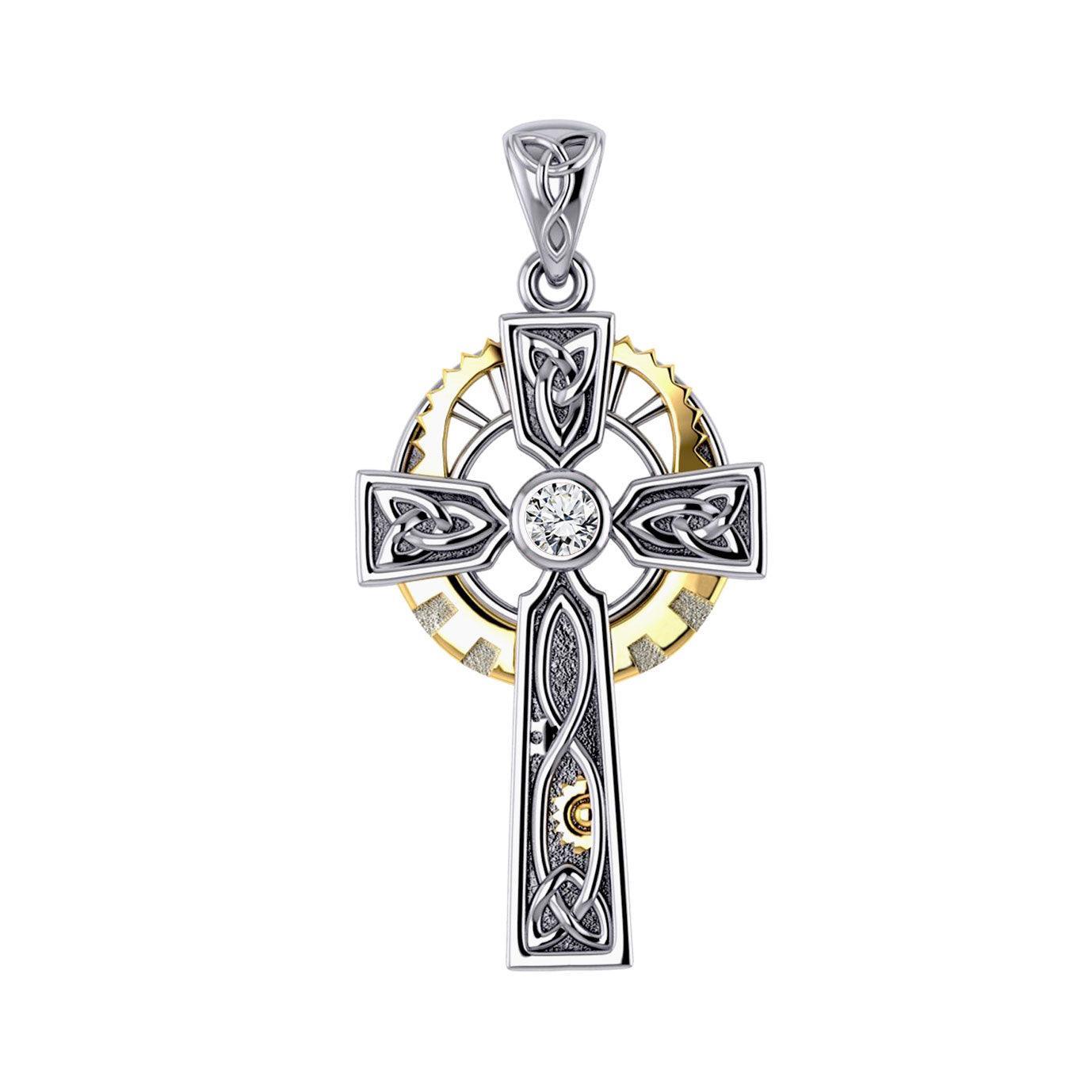 Steampunk Celtic Cross Silver and Gold Accent Pendant MPD5997 - peterstone.dropshipping