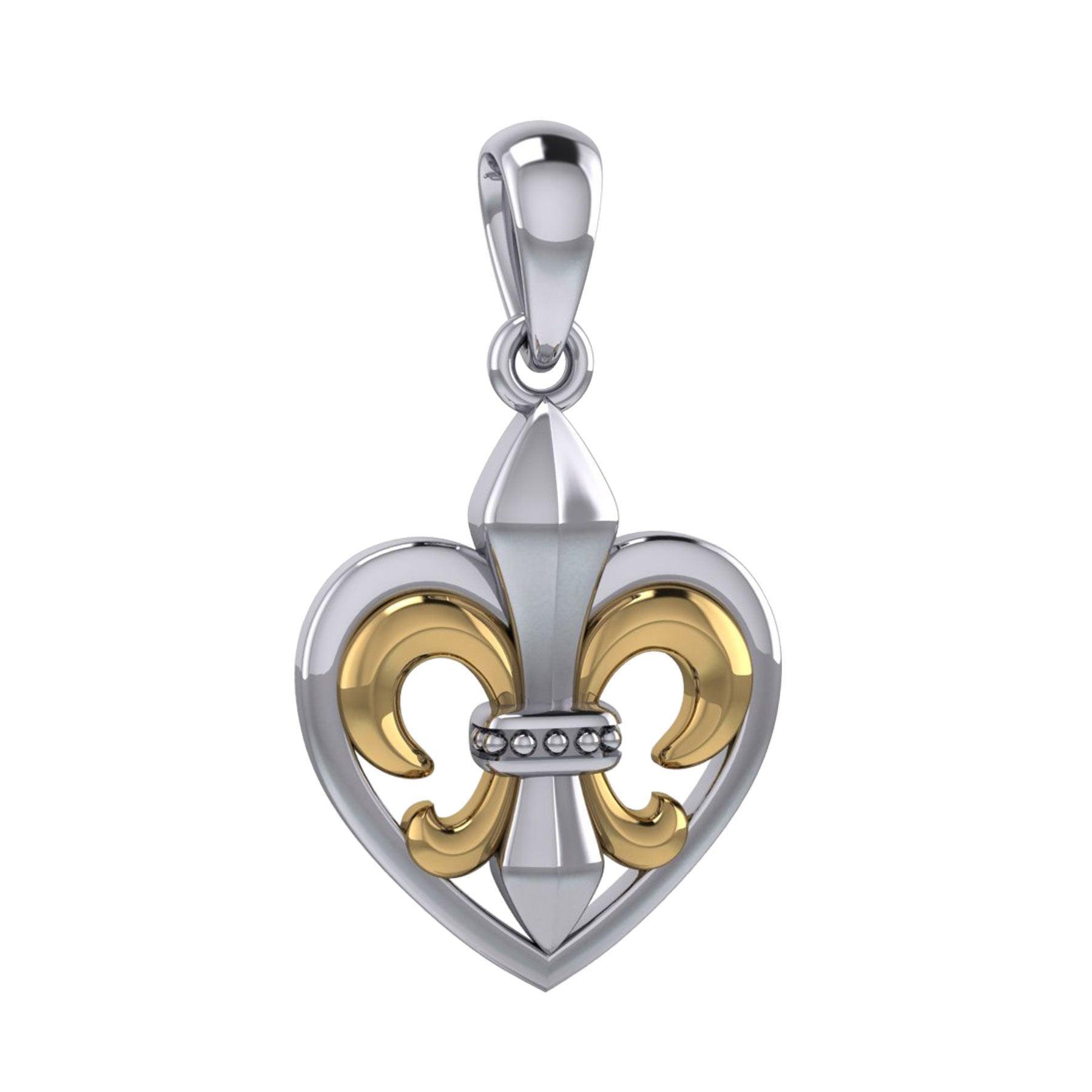 A powerful Sterling Silver with 14K Gold accent Jewelry Pendant in Fleur-de-Lis and Heart MPD6067 - peterstone.dropshipping