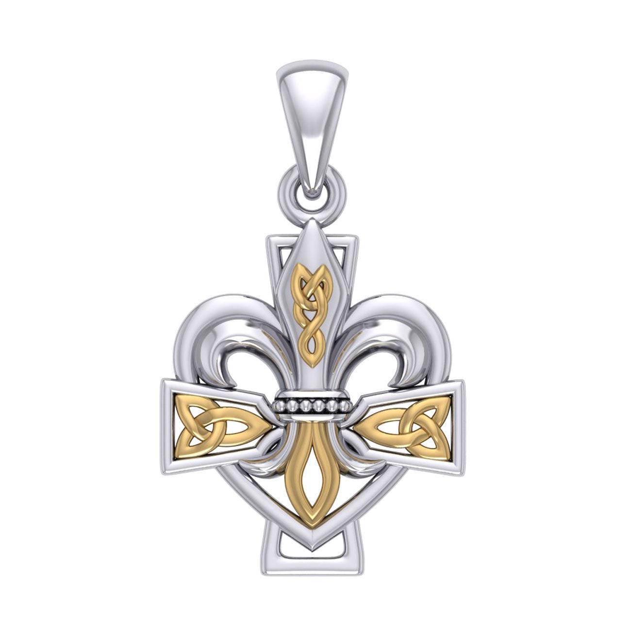 A powerful combination of Celtic elements ~ Sterling Silver with 14K Gold accent Jewelry Pendant in Fleur-de-Lis and Celtic Cross MPD6068 - peterstone.dropshipping