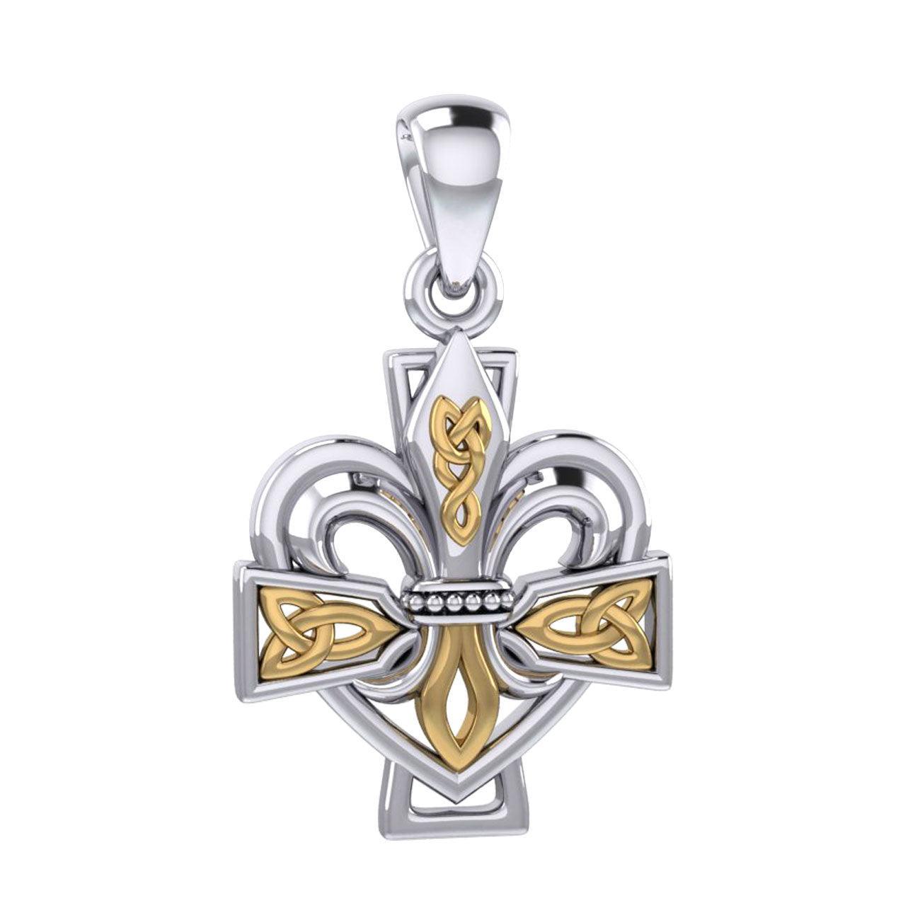 A powerful combination of Celtic elements ~ Sterling Silver with 14K Gold accent Jewelry Pendant in Fleur-de-Lis and Celtic Cross MPD6068 - peterstone.dropshipping