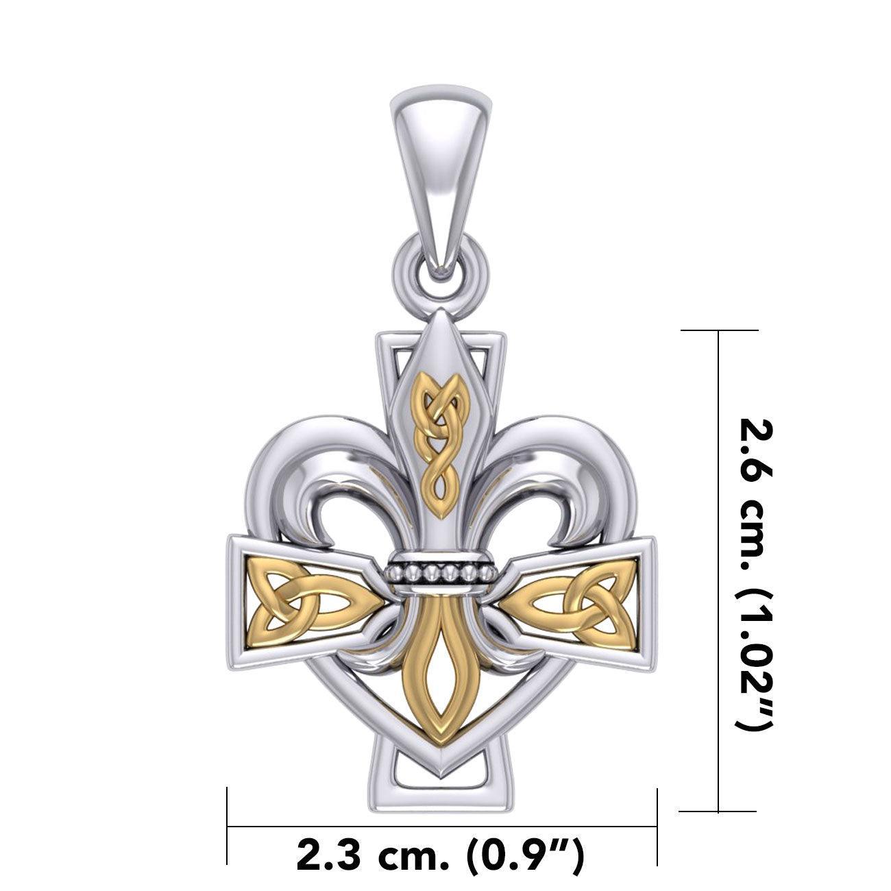 A powerful combination of Celtic elements ~ Sterling Silver with 14K Gold accent Jewelry Pendant in Fleur-de-Lis and Celtic Cross MPD6068 - peterstone.dropshipping