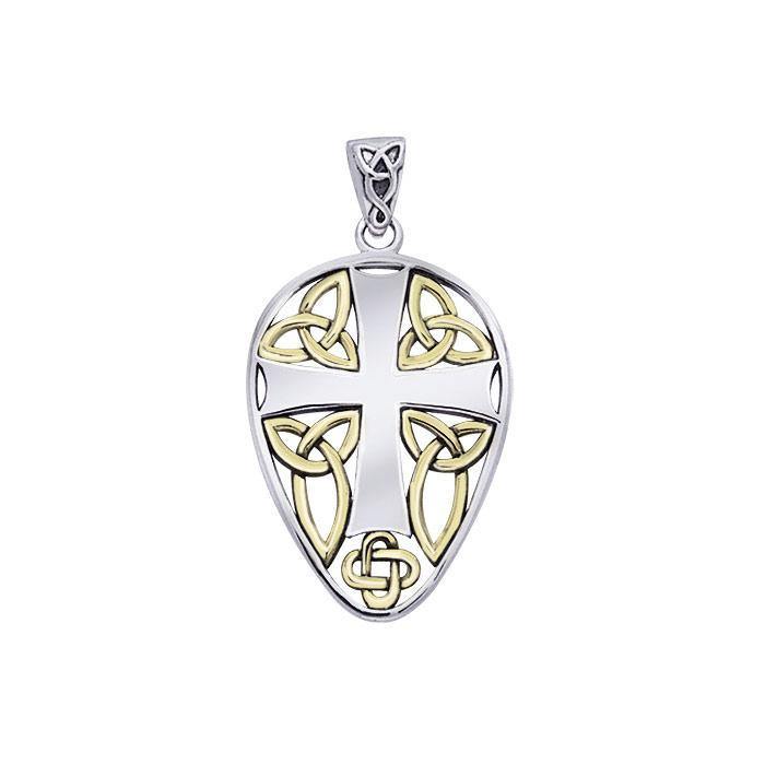 Celtic Knotwork Cross Shield Gold Accent Silver Pendant MPD990