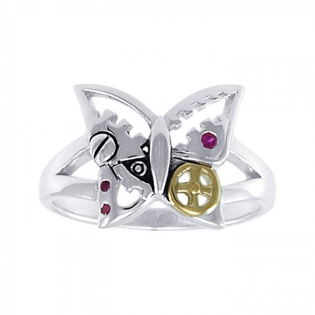 Butterfly Steampunk Silver and Gold Accent MRI1262 Ring