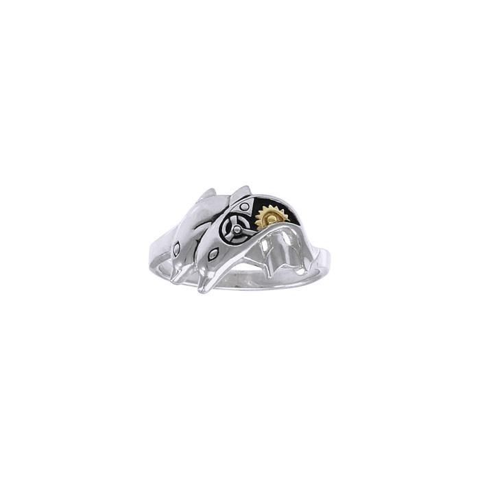 Twin Dolphin Steampunk Silver and Gold Accent MRI1267 Ring