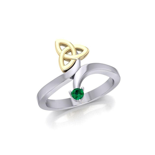 Celtic Trinity Knot with Round Gem Silver and Gold Ring MRI1788 Ring