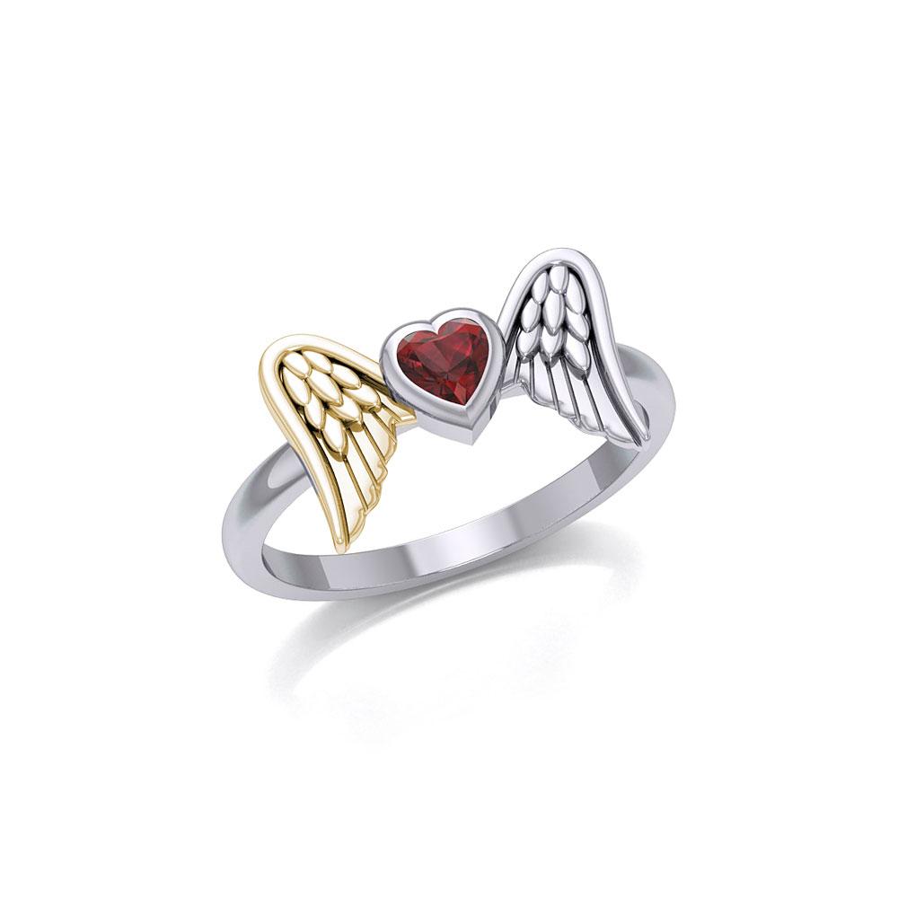 Heart Gemstone and Double Angel Wings Silver and Gold Ring MRI1839 - Peter Stone Wholesale