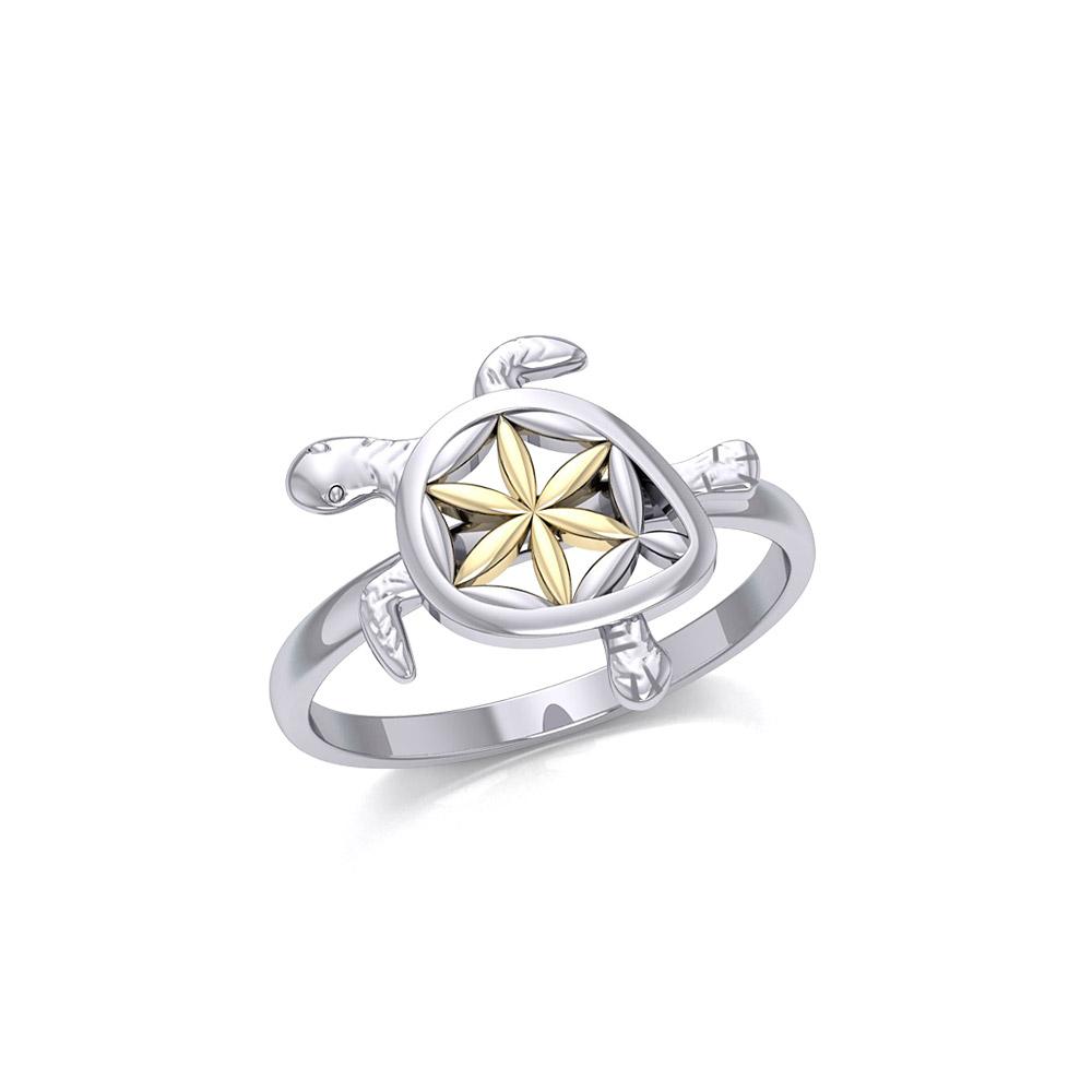 Swimming Turtle with Flower of Life Shell Silver and Gold Ring MRI1895 - Peter Stone Wholesale
