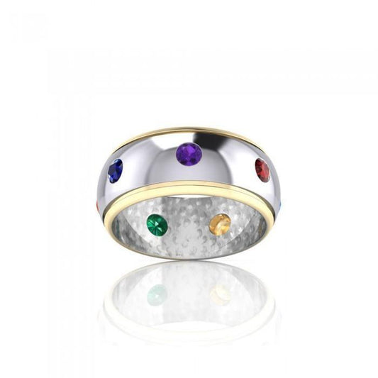 Silver and Gold Chakra Band Ring with Performance Amulet MRI488-PAT - peterstone.dropshipping
