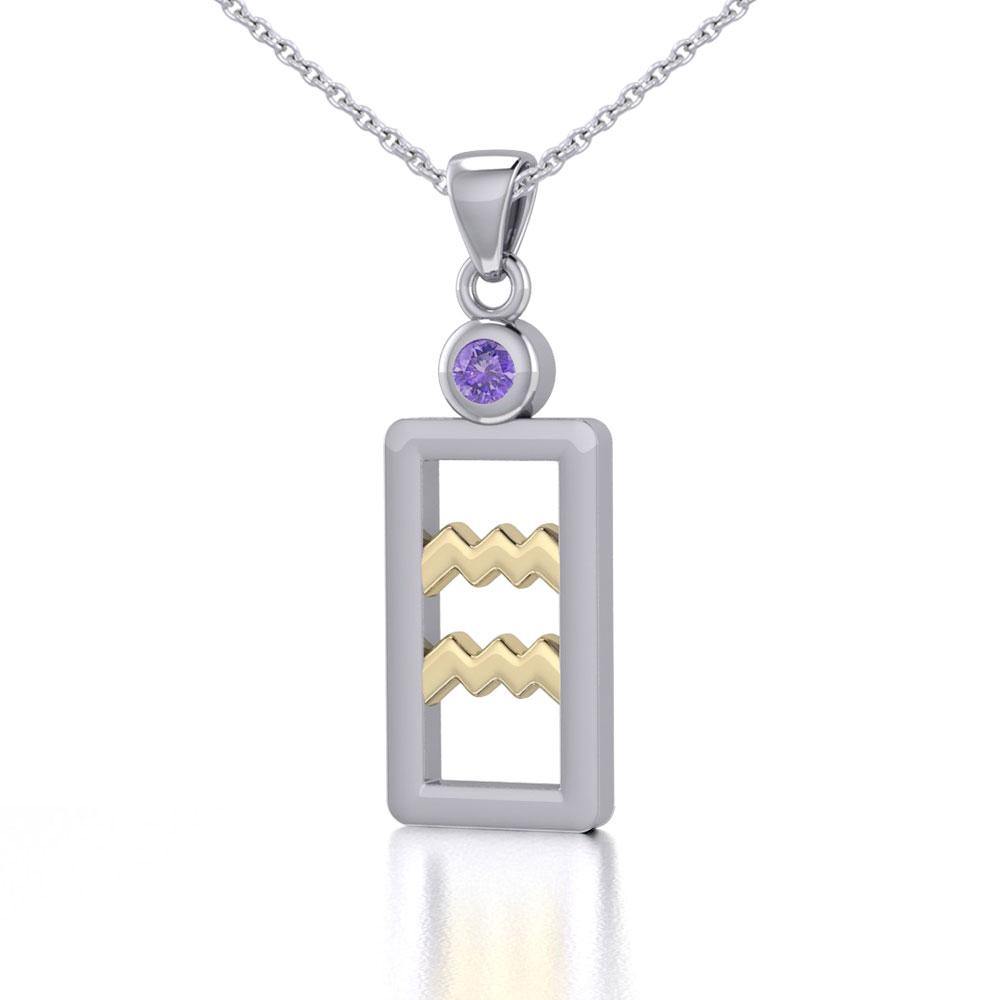 Aquarius Zodiac Sign Silver and Gold Pendant with Amethyst and Chain Jewelry Set MSE782 - Peter Stone Wholesale