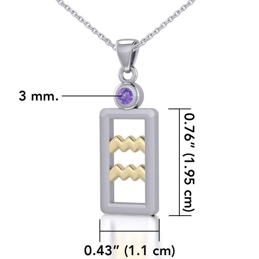 Aquarius Zodiac Sign Silver and Gold Pendant with Amethyst and Chain Jewelry Set MSE782 - Peter Stone Wholesale